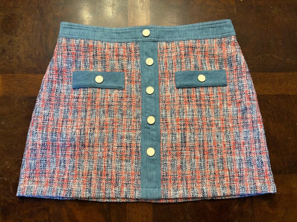 House of Harlow 1960 Tweed Mini Skirt Size 12 Denim Trim Gold Buttons